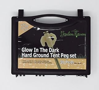 Garden Haven (TM) Set of 20 Heavy Duty Steel Hard Ground Tent Awning Camping 8 Inch Rock Pegs with Luminous Glow-in-the-dark Heads in Plastic Case and Tent Peg Puller