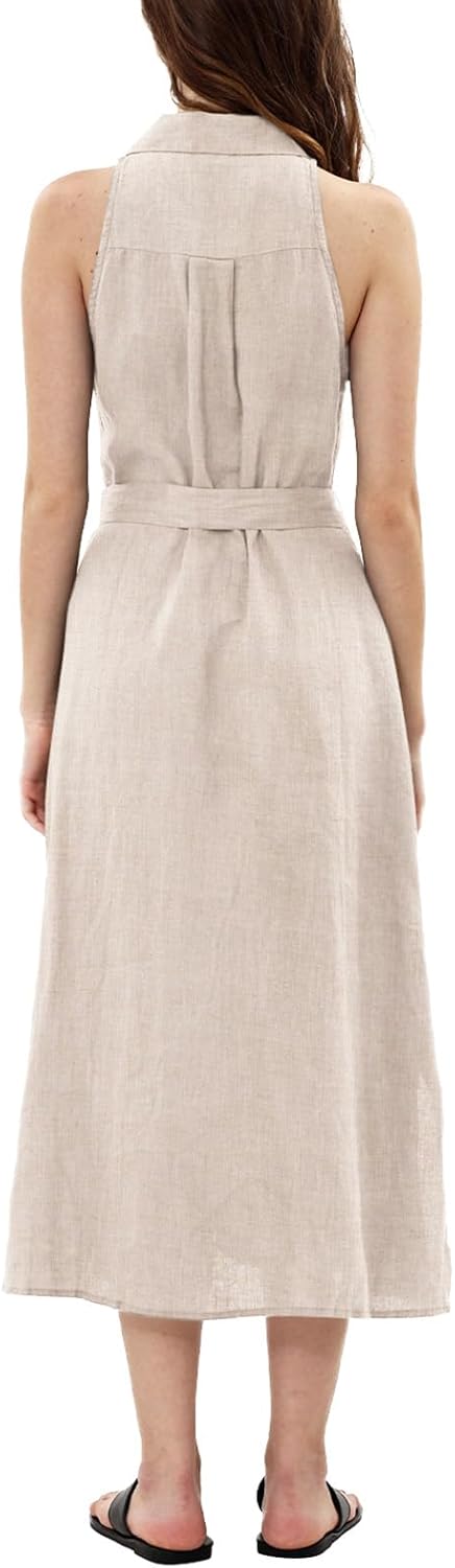 Amazhiyu Womens 100% Linen Sleeveless Button Down Collar Midi Dresses with Belt - Image 3