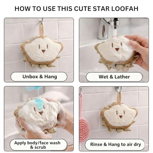 Image of Luxe Home International Bath Sponge For Kids And Adult Microfibre Soft Shower Loofah Star Pattern Gentle Skin Exfoliating Body Scrubber For Toddler Beige 15x11cm Pack Of 1