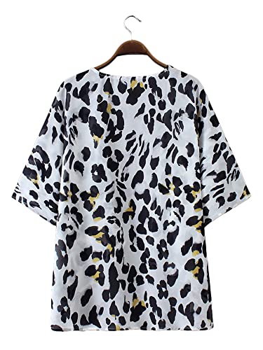 Image of Chunoy Women Leopard Printed Lightweight Kimono Cardigan Half Sleeve Shawl Chiffon Beach Wear Cover Up Snow White Large