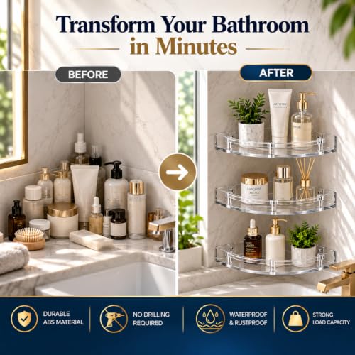 Image of Urban Elite Acrylic Bathroom Corner Shelf Set of 3 - Unbreakable Transparent Wall Mount Organizer (8 inch, 10 inch, 12 inch) | Rust-Proof, High Load Capacity Storage Rack for Bathroom, Kitchen & Home (Corner)