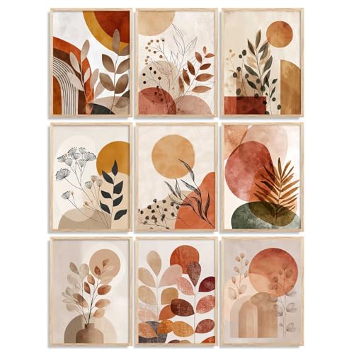 Image of kotart Aesthetic Boho Floral Painting Wall Art Home Decoration | Abstract Floral Aesthetic Paintings With Frame For Living Room Bed Room Hotel Wall Decor Digital Reprint Set of 9 (13X17 inch)