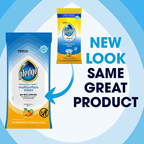 Image of Pledge Multisurface Cleaning Wipes, pH Balanced, Fresh Citrus, 25 Count (Pack of 4, 100 Total Wipes)