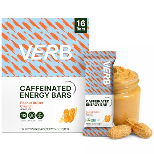 Verb Caffeinated Energy Bars Peanut Butter Cookie (26g Pack of 16) 110-Calorie Delicious Energy Bar - Vegan Gluten Free On-the Go Snack with 80mg Green Tea Caffeine Only Real-Food Ingredients