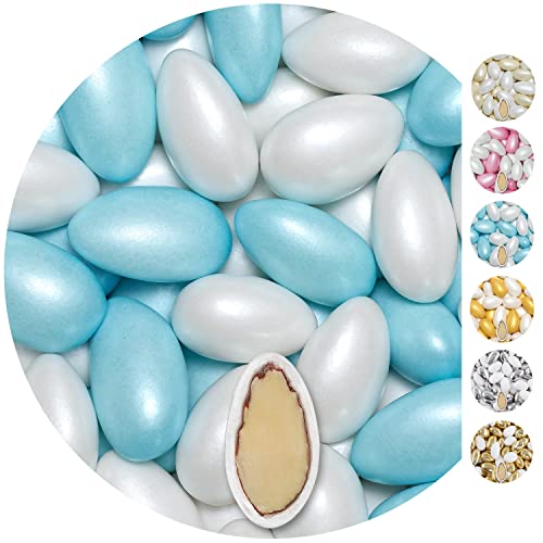 EinsSein 1kg Dragées Mariage Amandes Conchiglia blanc & bleu clair perle | ca. 280 pièce Dragees Mariage Baptême Communion Célébrer Fête Candybar |...