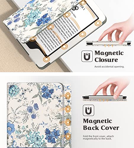 Image of MoKo Case for All-New 6 inch Kindle(11th Generation, 2024 /2022 Release) /(10th /8th Gen, 2019 /2016), Ultra Lightweight PU Shell Cover with Auto Wake /Sleep for Kindle 2024, Blue Flower on White