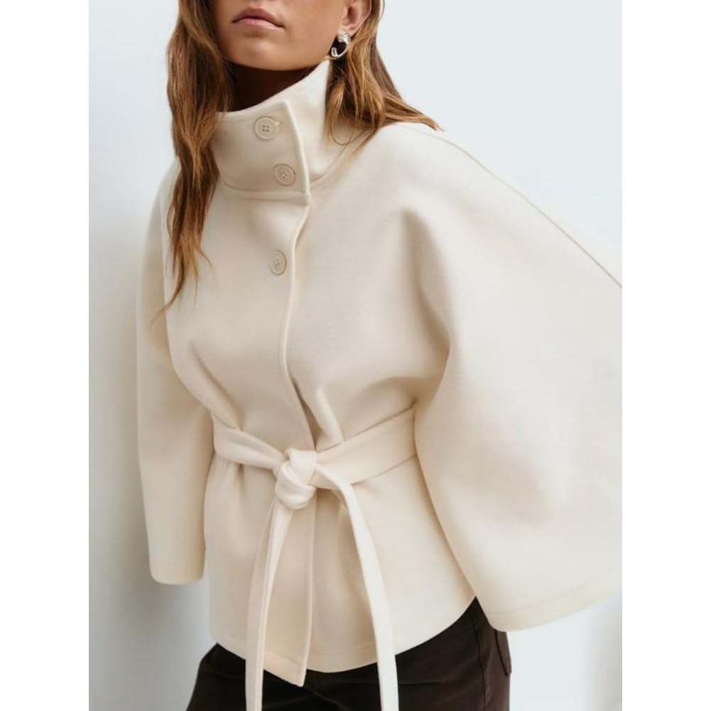 Poncho de manga murciélago para mujer abrigo corto invierno cuello alto cinturón
