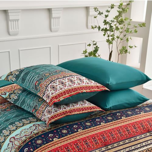Image of Cottolester Boho King Size Comforter Set 8 Pieces,Green and Brown Bohemian Striped Bed in a Bag,Floral Soft Microfiber Bedding Comforter Set