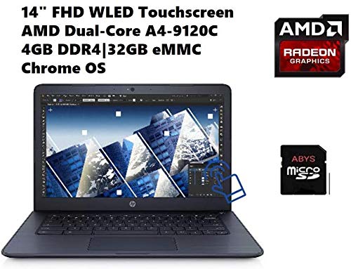 Hp 14" Fhd Ips Wled-Backlit Touch Chromebook Laptop, Amd A4-9120C, Amd Radeon R4 Graphics, 4Gb Ddr4, 32Gb Emmc, Wifi, Bluetooth, Webcam, Media Reader, Usb 3.1-C, Chrome Os, 64Gb Abys Microsd Card #TOP1