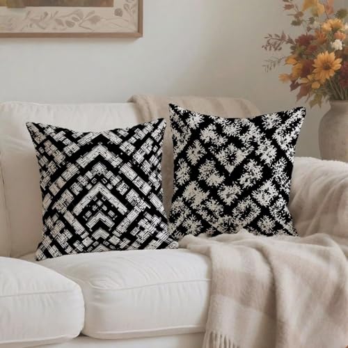 Coussin décoratif géométrique noir 70x70 cm antitache en lin - 4