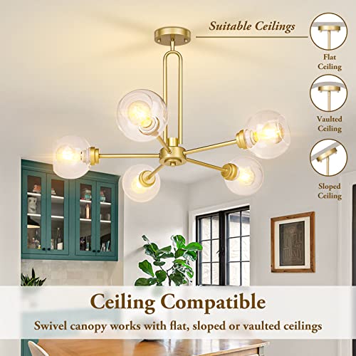 Yolsunes Globe Chandelier Pendant Lighting, Gold Modern Large Semi-Flush Ceiling Light Fixture With Clear Glass thumb #5