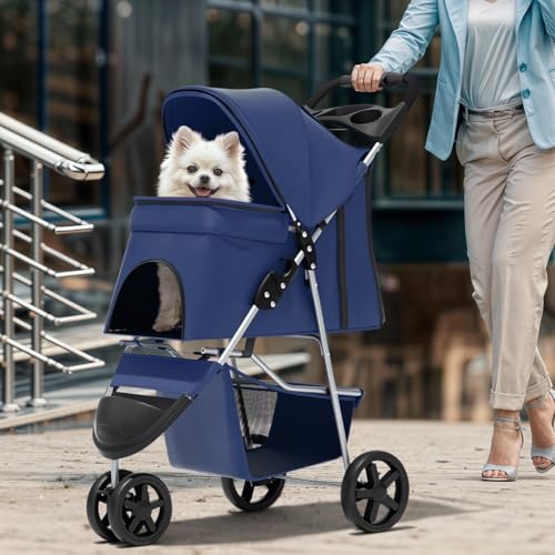 Image of Magshion 3-Wheel Pet Stroller, Foldable Travel Jogger for Small & Medium Dogs & Cats (Up to 33lbs), Lightweight Carrier with Breathable Mesh Cover, Cup Holder & Storage Basket, Navy Blue