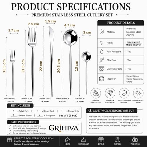 Image of 5 Pcs Silver Cutlery Set for Dining Table the Perfect Lightweight Silim Handle Tableware Including Dinner Spoon, Dinner Fork, Dinner Knife, Dessert Spoon & Dessert Fork
