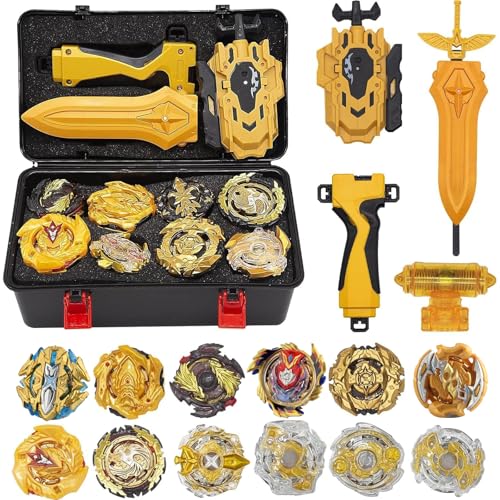 3T6B 12PCS Peonzas Batalla con Lanzador Niños Juguetes, Metal Fusion 4D de Combate Turbo Burst Gyros y Launchers Contrapeso y Casilla Portátil Conjunto, Niños Navidad Cumpleaños Regalos