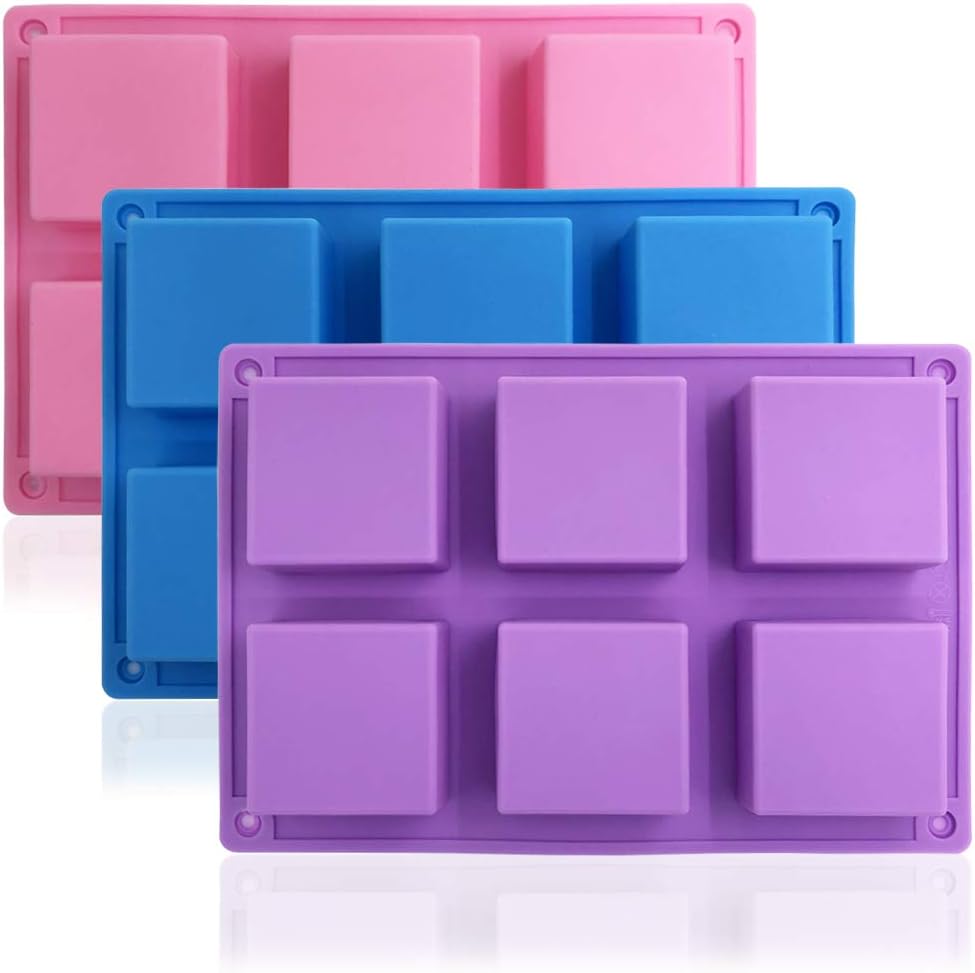 Betty's Bakeware 3 Packs 6 Cavities Silicone Square Cake Baking Mold, Purple, Blue, Pink
