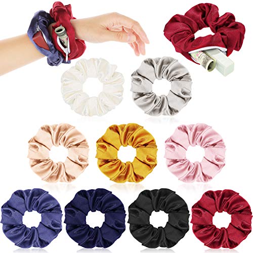 9 Pieces Silk Pocket Hair Scrunchies Satin Hidden Pocket Hair Ties Colorful Elastic Zipper Hair Bands Hair Tie Scrunchies with Zipper Pocket Hair Accessories for Women Girls