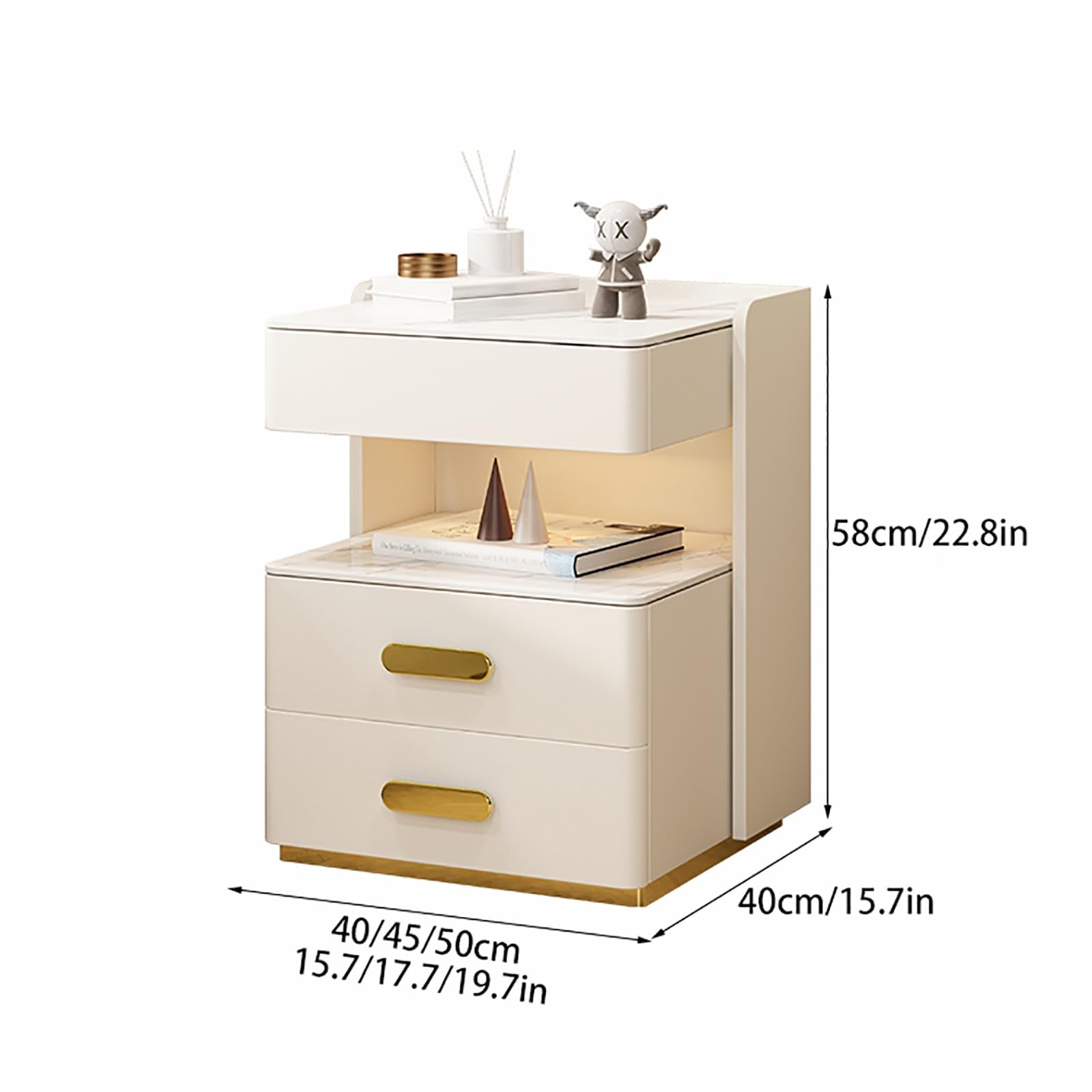 Yusong Comodino A LED Con Stazione Di Ricarica – 2 Cassetti, Ripiano Estraibile, Bianco, Dimensioni 40x35x60 Cm – Con Porte USB E Prese, Moderno, In Legno