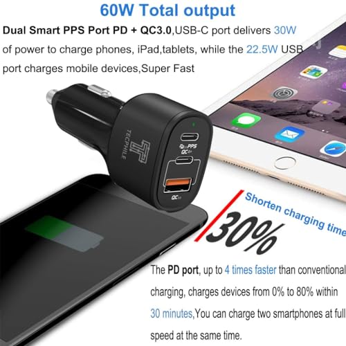 Image of C1903 Pd 60W Car Charger Dual Type-C Pd Fast Charging & USB A Output, Led Indicator, Compact & 4 Fold Protection,for iPhone 16 /15 /14, IPad Pro /Air, Samsung Galaxy S24 /S23 /Note 20, Pixel 8 /7