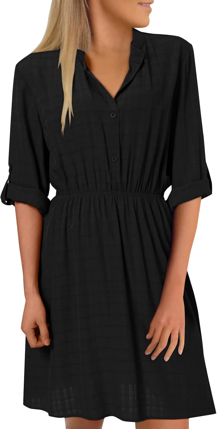 YOINS Womens Shirt Dresses V Neck Tunic Blouses Button Down Tops Casual Mini Dress S Black