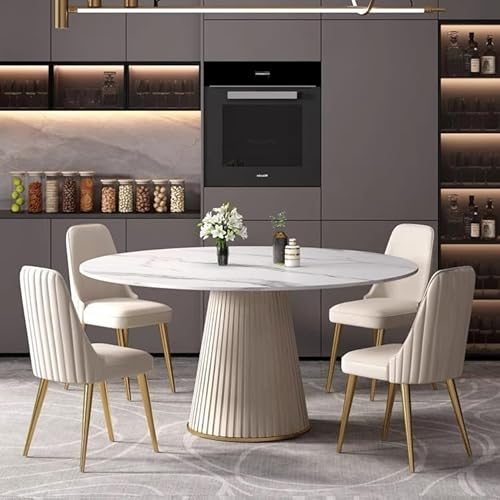 Montary 5 Piece Dining Table Set, Modern Dining Room Table Set of 4, White 53" D Faux Marble Dining Table, Sintered Stone Round Table with 4 Cream Dining Chairs for Dining Room