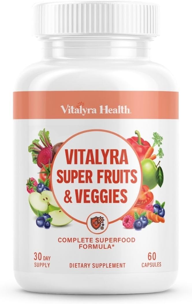 Vitalyra Super Fruits & Veggies - Fruit & Vegetable Supplement Capsules | Daily superfood from a 2-in-1 fruit & vegetable blend. Supports immunity & energy. Whole-food capsules.