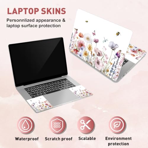 PLIGREAT 3 Pcs Laptop Skin Stickers Vinyl Decals for PC Notebook Laptops Keyboard Cover Laptop Case Protector Film Decorative Sticker Waterproof Removable Flowers Butterflies Bees Laptops Decals