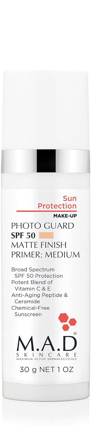 M.A.D Skincare PHOTO GUARD SPF 50 MATTE FINISH PRIMER Sun Protection – 2-in-1 Sheer Matte Mineral Makeup Primer & Shield – UVA/UVB Defense – Creates Flawless Even Skin Tone – 1 oz Medium