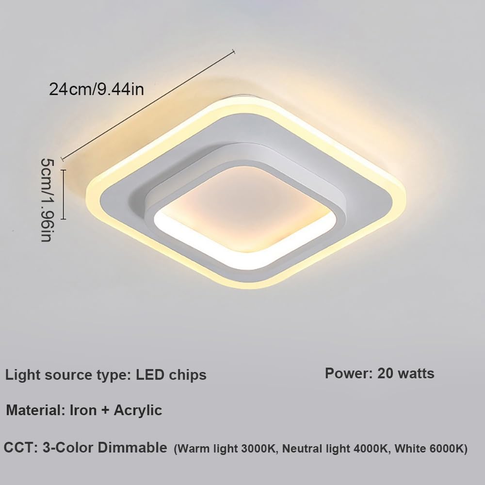 Nowoczesna Kwadratowa LED Lampy Sufitowa, Minimalistyczny Plafon Edge Lit Pierścień Oświetlenie Sufitowe CCT Regulowane Korytarz Wejście(White,24cm/9.44in)
