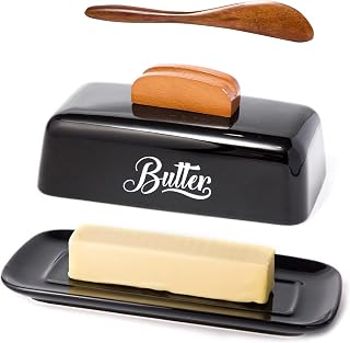 AISBUGUR Black Ceramic Butter Dish with Lid & Clampable Knife - Fits 4oz Sticks, Countertop Keeper for Fresh Butter