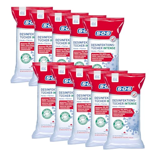 SOS Desinfektionstücher INTENSE für Hände + Flächen | biologisch abbaubar | beseitigen 99,99% der Bakterien, Pilze und Viren* (z.B. Herpes- Grippe- und Noroviren) | 10x25