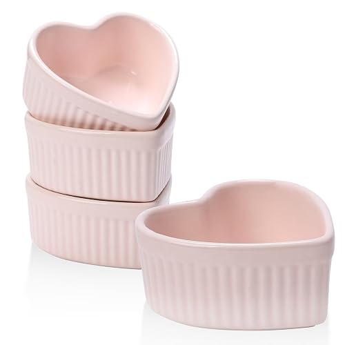 VanEnjoy 4 pack 5oz Heart Shaped Ramekins Ceramic Bowl Bakeware for Souffle Creme Brulee Oven and Dishwasher Safe Baking Dishes Cute Pink Cookware for Kitchen - Pink
