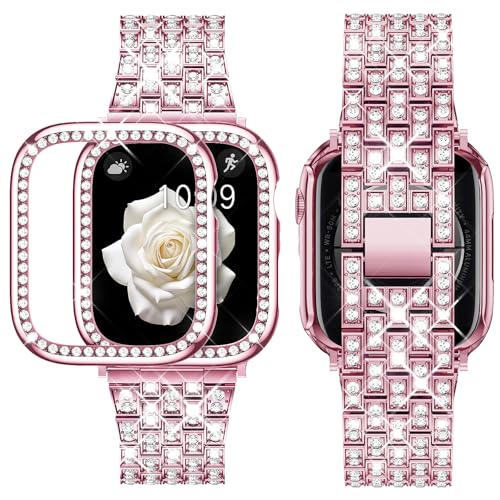 Supoix Compatible with Apple Watch Strap 38 mm 40 mm 41 mm 42 mm 44 mm 45 mm 49 mm + Case, Women's Jewellery Bling Diamond Rhinestone Replacement Metal Strap & 2 Pieces PC Protective Case for iWatch
