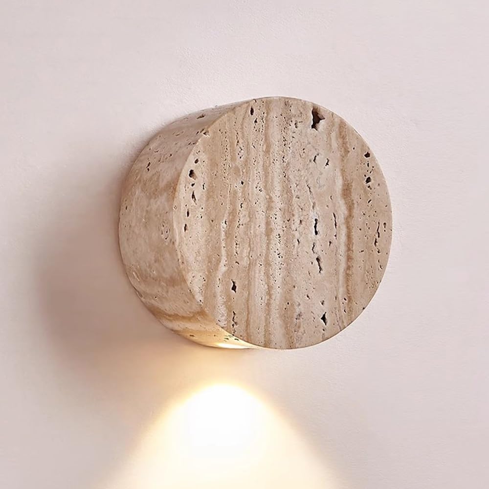 SMCCYYSD 1-Light Modern Travertine Wall Sconce for Bedroom, Round Natural Stone Light Fixture Cave Lighting Living Room Bathroom Dining Storage Stairs