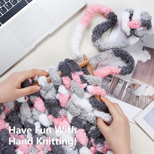 Image of Cozyful Chunky Yarn for Hand Knitting - #10 Chunky Chenille Blanket Yarn, Jumbo Big Thick Chunky Yarns for Crocheting, Tie Dye Bulky Knit Yarns, 8 Skein (20 yds 8 oz Each Skein), Pink & Grey & White