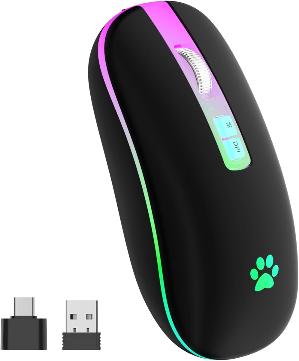 KARFUN Wireless Mouse, Backlit LED Portable Slim Computer Mouse for Laptop, PC, Computer, MacBook, iPad, Chromebook, Notebook, 2.4G Rechargeable Wireless Mouse (Black) (Black-Transparent Nose) : Electronics