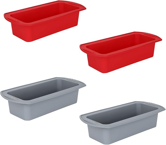 MIVIDE 4Pcs 2lb Silicone Bread and Loaf Tins, Non Stick Baking Moulds Pan for Loaves, Breads, Cakes and Lasagna, Loaf Pan Ideal for Baking Bread (22 x 9 x 6cm ,Red and Grey)