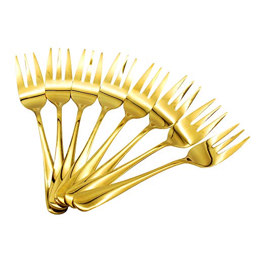 Dylan-EU 8 Pièces Fourche en Acier Inoxydable Fourchette à Dessert 14 cm Fourchette Dorée pour Gâteaux, Fruit, Pâtisseries, Pâtes, Steak, Salade