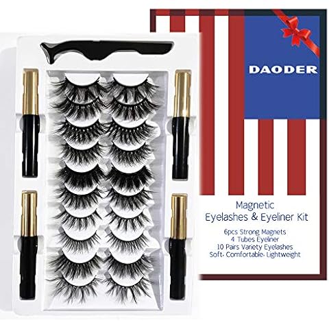 DAODER Wispy Magnetic Eyelashes Natural Magnetic Lashes Dramatic Magnetic False Eyelashes long with 4 Magnetic Eyeliner Kit 10 Various Magnetic Fake Eyelashes Strip with 6 Magnets Reusable Cover