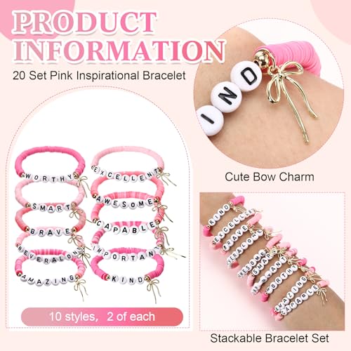 20 Pcs Inspirational Bracelets for Women Bulk Pink Preppy Friendship Bracelets Motivational Gifts for Student Friend3