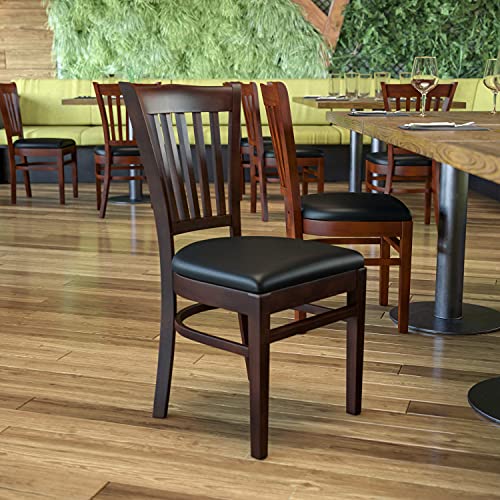 Image of Flash Furniture 4 Pack HERCULES Series Vertical Slat Back Walnut Wood Restaurant Chair - Black Vinyl Seat | Vertical Slat Back, Wood FrameVinyl Upholstery, Durable Construction, Commercial Use