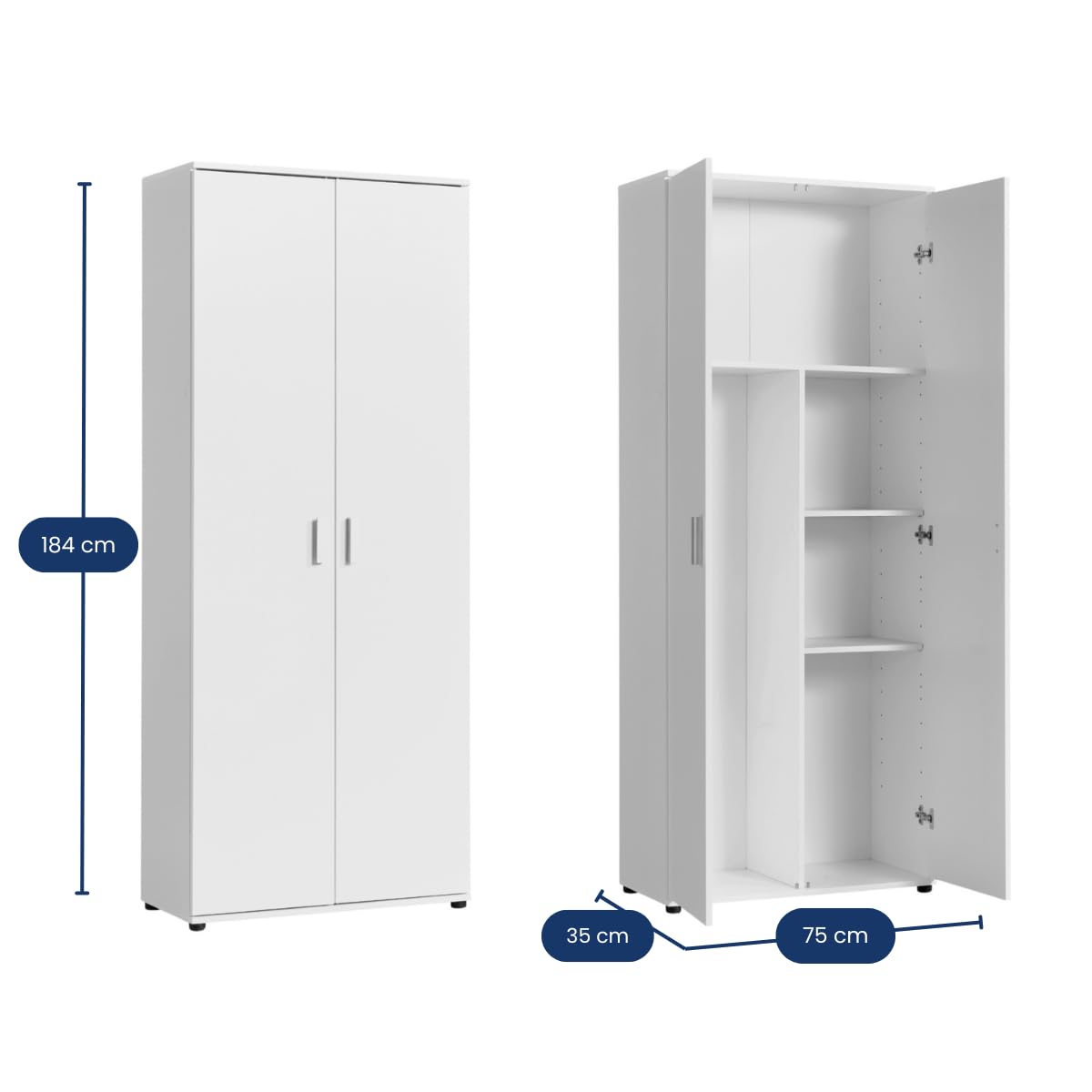 Home Collective Haushaltsschrank 75 cm breit mit Fach für Staubsauger, Putzschrank mit Einlegeböden für Reinigungsmittel, Besen & Wischer, für Hauswirtschaft, Flur & Keller, 75x35x184 cm (BxTxH), Weiß