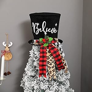Christmas Tree Topper Hat, Black Velvet Bowler Derby Hat Topper with Long Plaid Ribbon Ornament, Christmas Snowman Topper Hat for Home Holiday Tree Decoration (Christmas Tree Topper Hat (10 x 8 Inch)) Christmas Tree Topper Hat Black Velvet Bowler Derby Hat Topper with Long Plaid Ribbon Ornament Christmas Snowman Topper Hat for Home Holiday Tree Decoration Christmas Tree Topper Hat 10 x 8 Inch