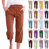 Pantalones de lino para mujer, muselina 3/4, ligeros, pantalones de tela para mujer, pantalones cortos de lino, capri, informales, pantalones palazzo, elásticos, con cordón, ligeros y aireados
