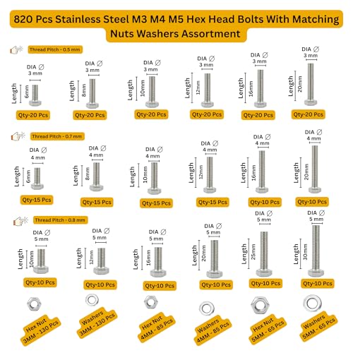 Image of Metric M3 M4 M5 Stainless Alloy Steel 202 Grade Full Threaded Hex Bolts Nuts And Washer Assortment Kit Set With Storage Box Pack Of 820 Pcs