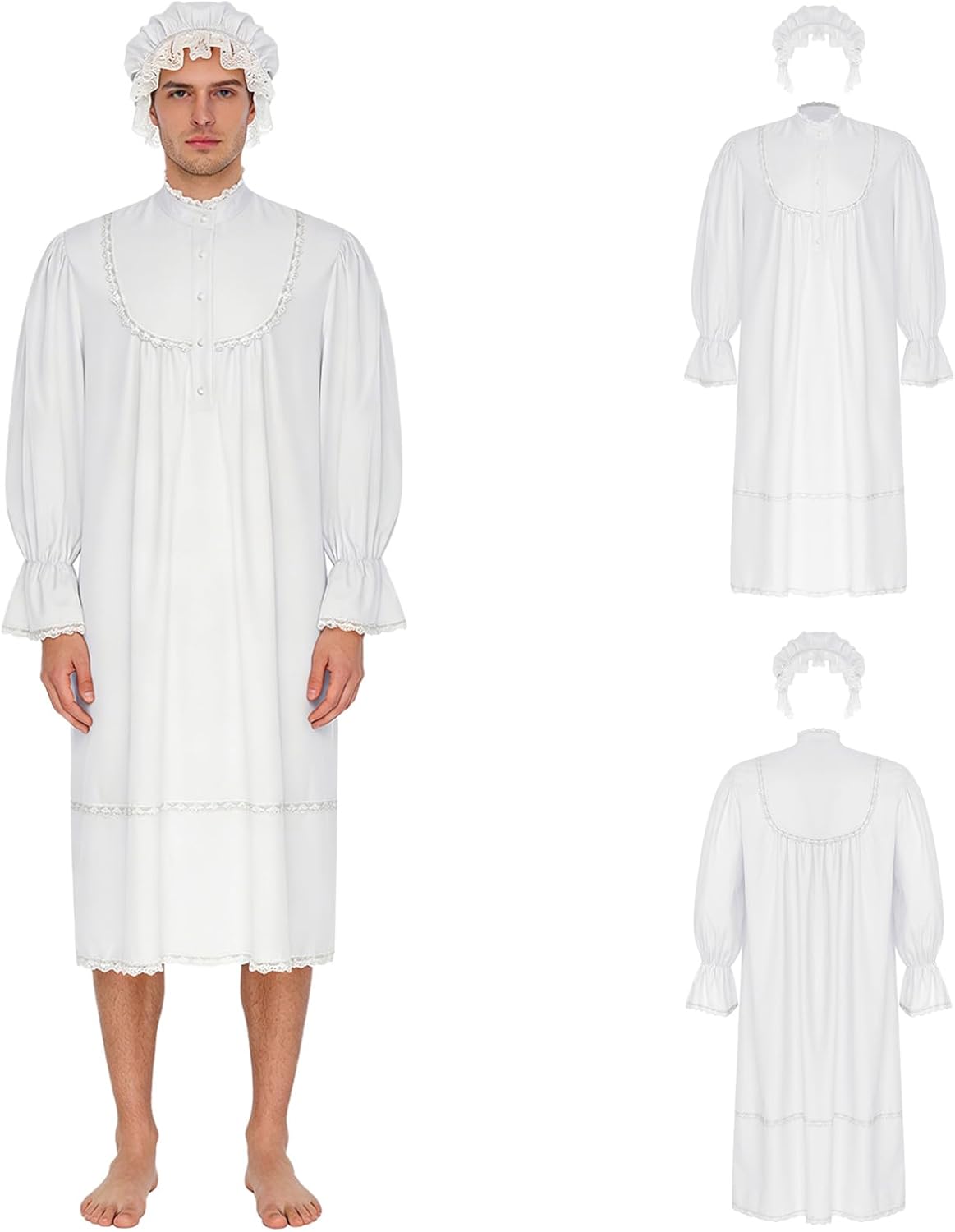 Agoky Victorian Pajamas Set for Mens Sissy Nightgown Kaftan Thobe Nightshirts with Sleeping Cap