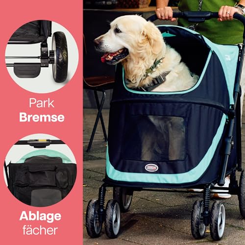 Hundebuggy groß Innopet Mamut blau/schwarz – Rahmen bis 50kg belastbar, inkl. Regenschutz, einhändig klappbar – drehbare Vorderräder – Hundewagen für mittelgroße Hunde oder mehrere kleine Hunde