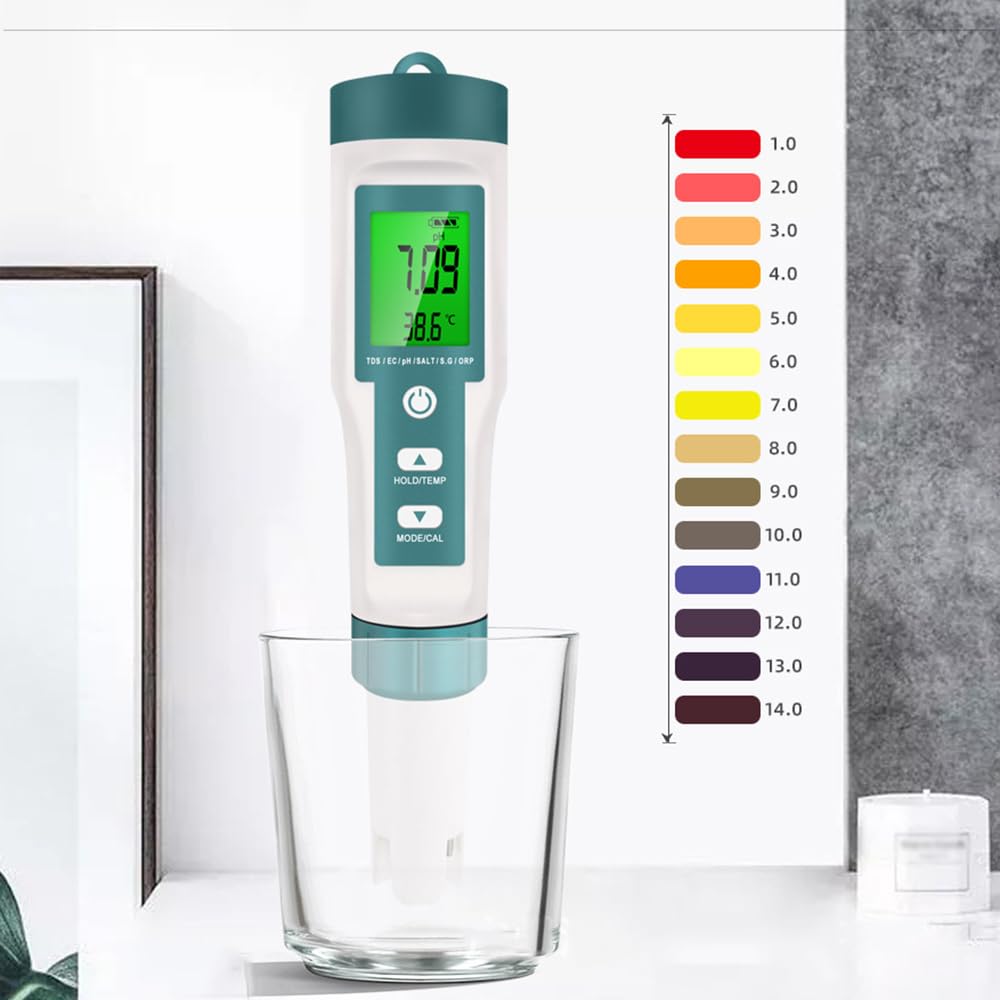 Medidor De Calidad del Agua TDS, 7 En 1 PH TDS Temperatura EC Salinidad SG ORP Medición, Garantiza Una Calidad del Agua Saludable, Pantalla LCD con Retroiluminación, para Piscinas