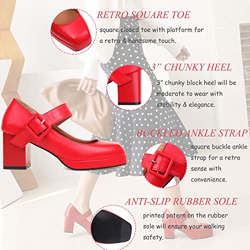 LEHOOR Women Chunky Platform Mary Jane Pumps Square Toe Buckled Ankle Strap 3" Block High Heels Mary Janes Lolita Shoes Goth Punk Heels Closed Toe Sandals Girl Office Work Fashion Trendy 4-15 M US3