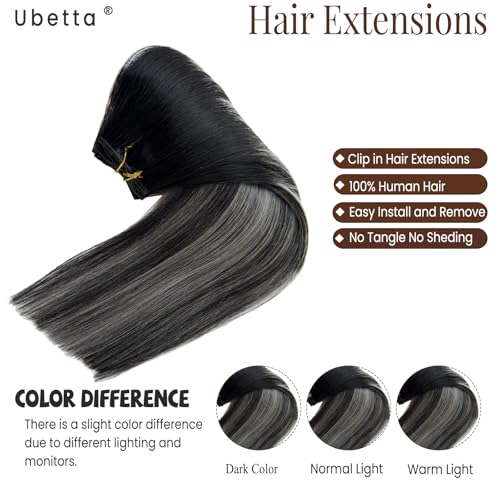 Image of Clip in Hair Extensions Real Human Hair 16 Inch Ombre Black Balayage Silver Highllights Hair Extension Real Human Hair Clip ins 7 pcs Double Weft s Remy Human Hair Clip in Extensions