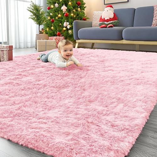 OLANLY 8x10 Machine Washable Large Area Rugs for Living Room, Bedroom, Soft Fluffy Shaggy Bedside Rug, Indoor Floor Carpet for Kids Girls and Boys, Dorms, Nursery, Home Decor Aesthetic, Pink